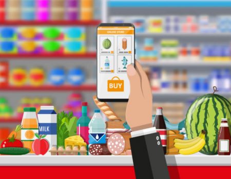 Hand holding smartphone with shopping app. Grocery delivery. Internet order. Online supermaket. Interior store inside. Drinks, food, fruits, dairy products. Vector illustration in flat style